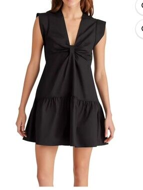 Steve Madden Amanda Cotton Poplin Mini Black Dress Size Medium Ruffle Hem